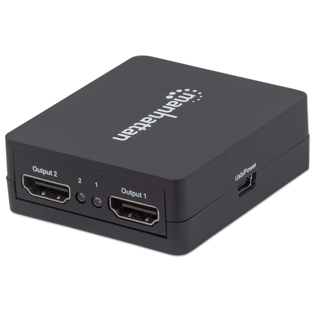 Manhattan HDMI Splitter 2-Port , 1080p, Black, Displays output from x1 HDMI source to x2 HD displays (same output to both displays), USB-A Powered (cable included, 0.7m), Three Year Warranty