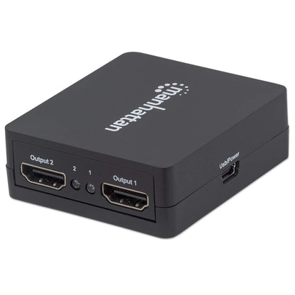 Manhattan HDMI Splitter 2-Port , 1080p, Black, Displays output from x1 HDMI source to x2 HD displays (same output to both displays), USB-A Powered (cable included, 0.7m), Three Year Warranty