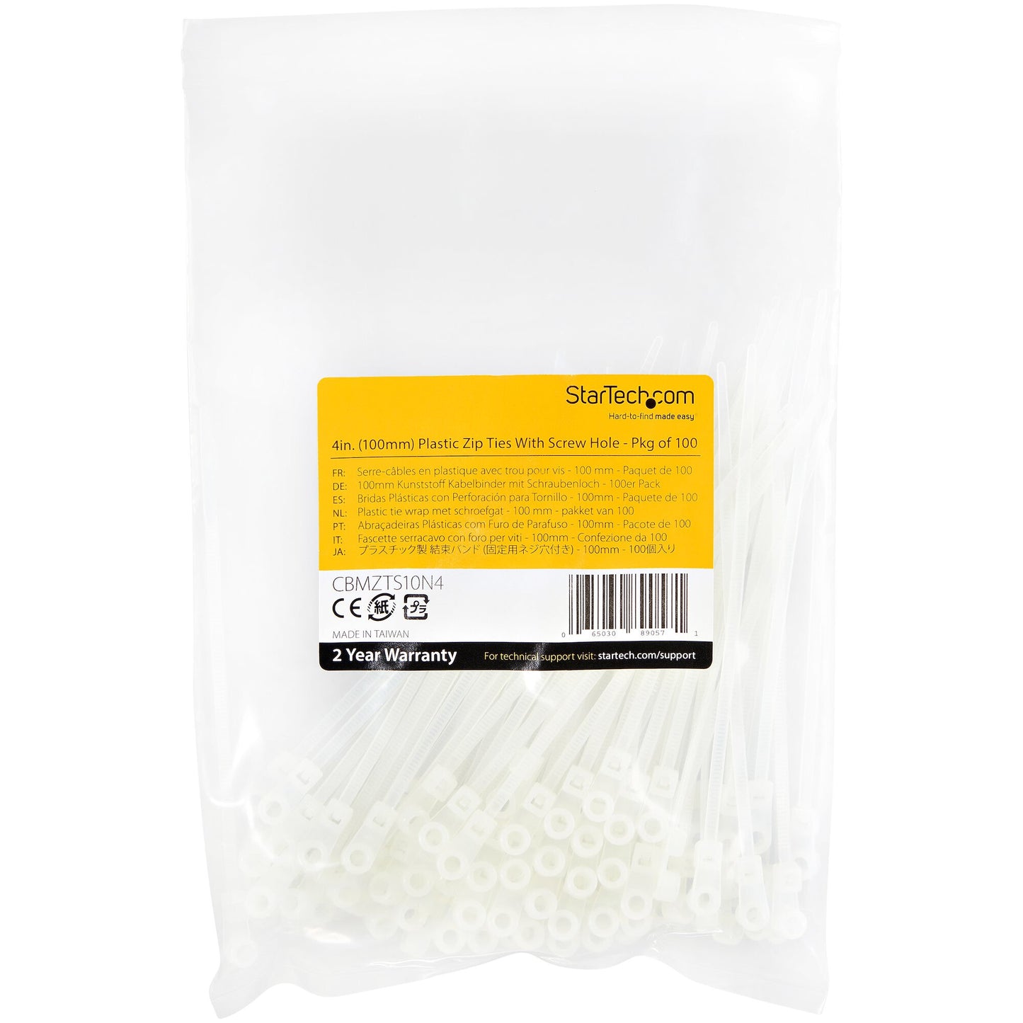 StarTech.com 4"(10cm) Cable Ties with Mounting Hole - 1/16"(2mm) wide, 7/8"(24mm) Bundle Dia. 18lb(8kg) Tensile Strength, Nylon 66 Self Locking Ties w/Screw Hole, UL Listed, 100 Pack