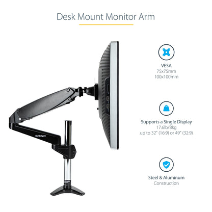 StarTech.com Desk Mount Monitor Arm for Single VESA Display up to 32" or 49" Ultrawide 8kg/17.6lb - Full Motion Articulating & Height Adjustable - C-Clamp, Grommet - Single Monitor Arm