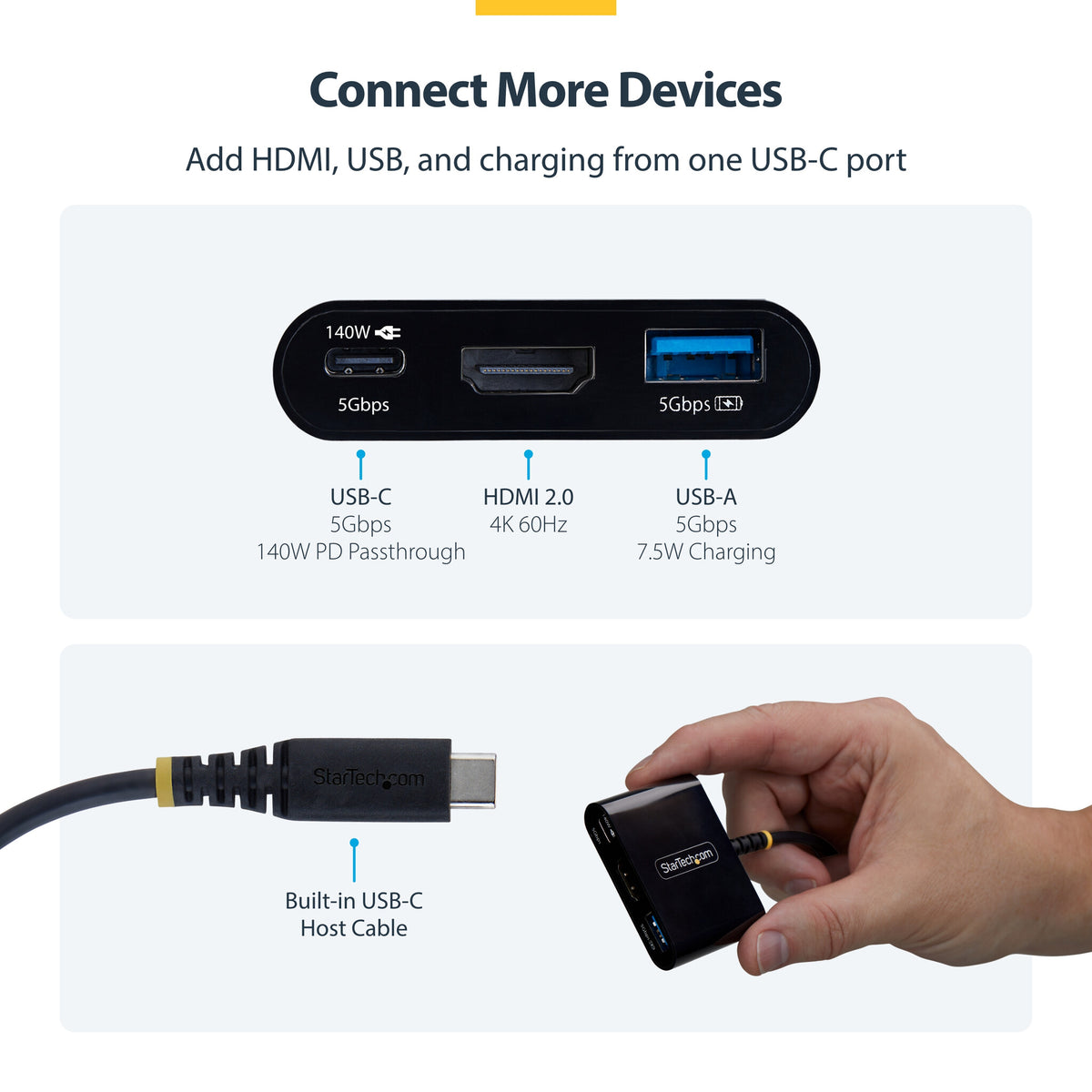 StarTech.com USB-C to HDMI Multiport Adapter with 140W PD Charging, 4K 60Hz HDMI, USB 5Gbps Hub, Mini Dock For MacBook / Dell / Thinkpad / HP / iPad / Tablets