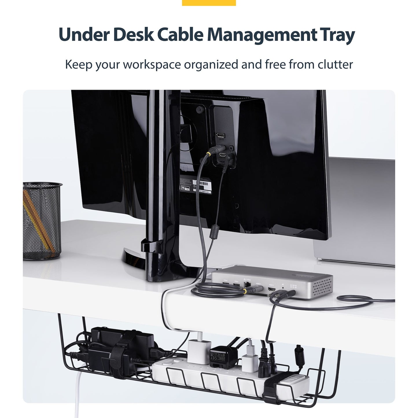 StarTech.com Under Desk Cable Management Tray, 24" Long, Metal Basket Style Cable Organizer, Screw-On Installation, Power Bar Holder, Metal, Black, TAA-Compliant