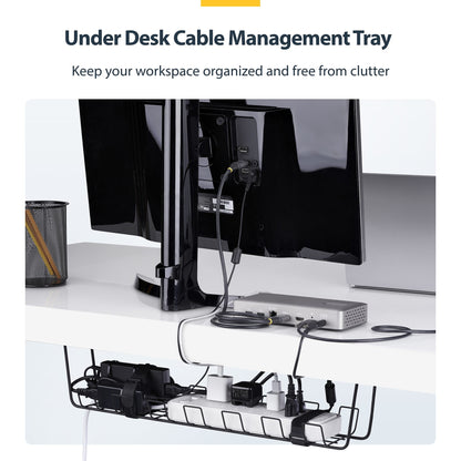 StarTech.com Under Desk Cable Management Tray, 24" Long, Metal Basket Style Cable Organizer, Screw-On Installation, Power Bar Holder, Metal, Black, TAA-Compliant