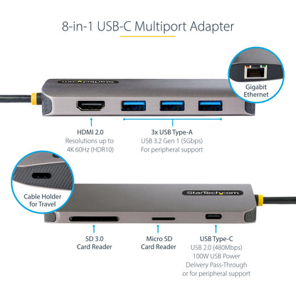 StarTech.com USB C Multiport Adapter 4K 60Hz HDMI Video, 3 Pt 5Gbps USB-A Hub, 100W USB Power Delivery Pass-Through/GbE/SD/MicroSD, 12"/30cm Cable, Travel Laptop Docking Station