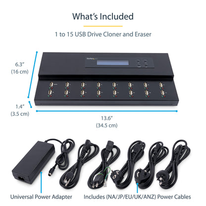 StarTech.com Standalone 1 to 15 USB Thumb Drive Duplicator and Eraser, Multiple USB Flash Drive Copier, System and File and Whole-Drive Copy at 1.5 GB/min, Single and 3-Pass Erase, LCD Display - TAA