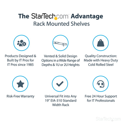 StarTech.com 1U Fixed Server Rack Mount Shelf - 10in Deep Steel Universal Cantilever Tray for 19" AV/ Network Equipment Rack - Heavy Duty Steel - Weight Capacity 44lbs/20kg, Black