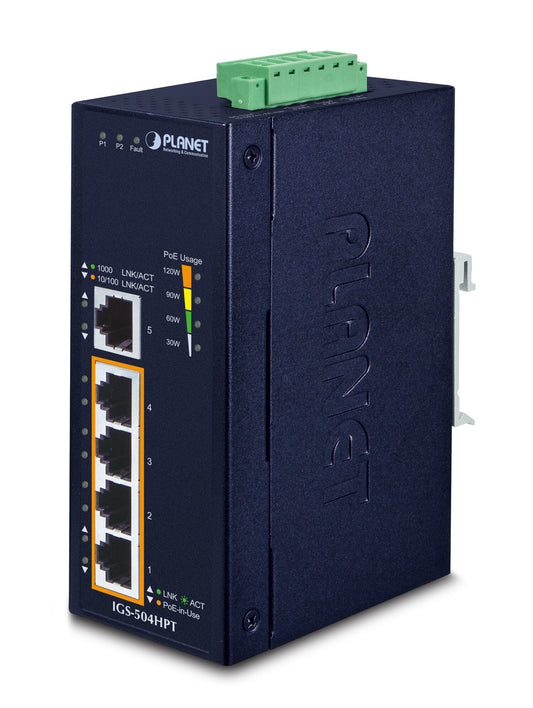 PLANET IGS-504HPT network switch, Unmanaged, 5-port, Power over Ethernet (PoE), blue