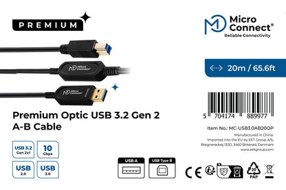 Microconnect MC-USB3.0AB20OP USB cable USB 3.2 Gen 2 (3.1 Gen 2) 20 m USB A USB B Black