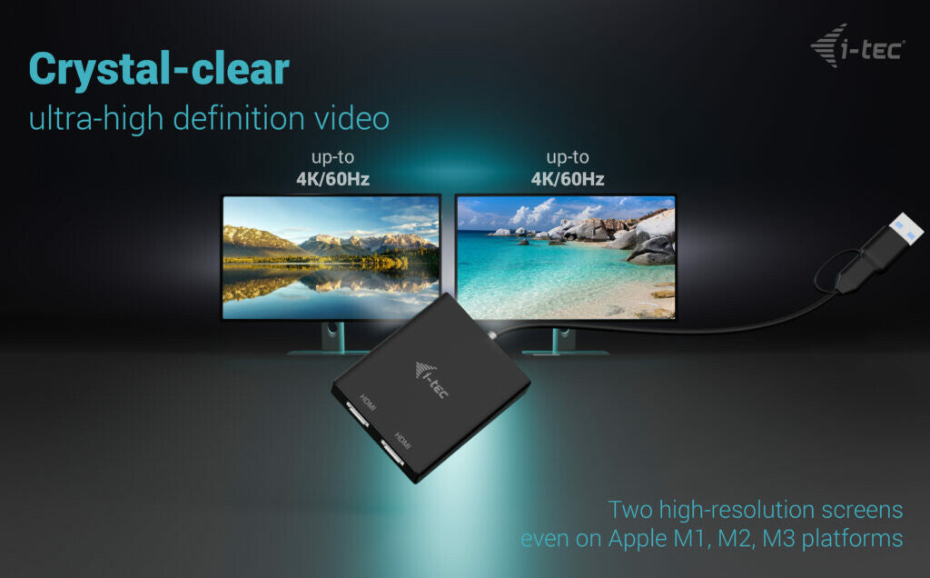 i-tec USB-A/USB-C Dual 4K/60 Hz HDMI Video Adapter