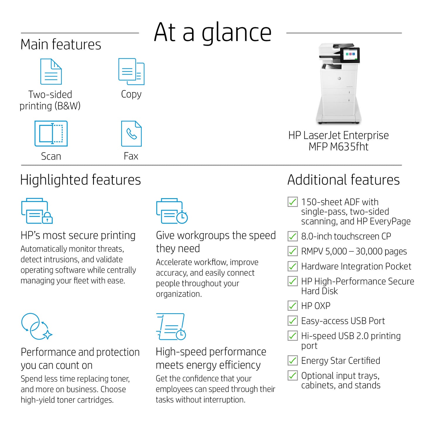 HP LaserJet Enterprise M635fht Multifunction Black and white Printer, Ethernet Only; Copier, Scanner
