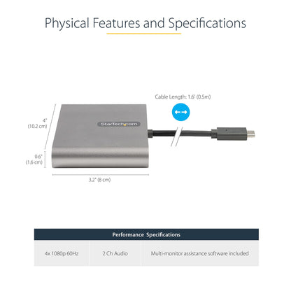 StarTech.com USB C to Quad HDMI Adapter, USB-C to 4x HDMI Monitor Converter for Windows (no support for macOS/ChromeOS/Linux) - TAA
