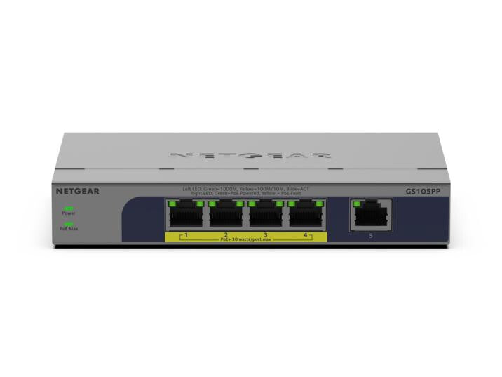 NETGEAR GS105PP Unmanaged Gigabit Ethernet (10/100/1000) Power over Ethernet (PoE) Desktop/Wall-Mounting Grey