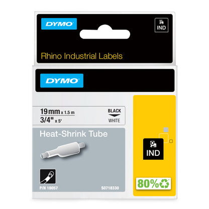 DYMO Rhino Industrial Heat-Shrink Cable Label Tubes | 19 mm x 1.5 m | Black Print on White | Self-Adhesive | for Rhino Label Makers