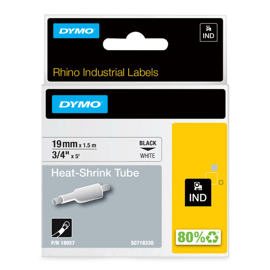 DYMO Rhino Industrial Heat-Shrink Cable Label Tubes | 19 mm x 1.5 m | Black Print on White | Self-Adhesive | for Rhino Label Makers