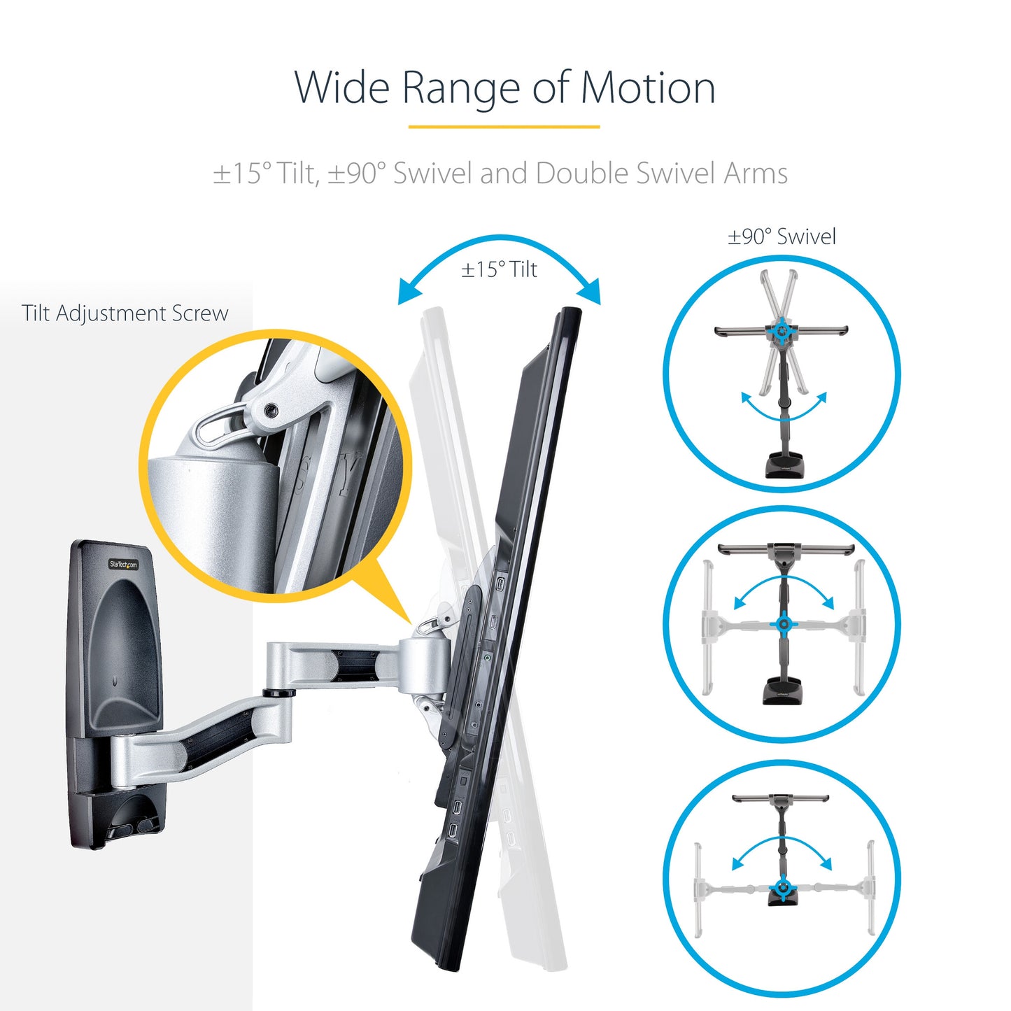 StarTech.com Articulating TV Wall Mount, VESA Wall Mount, Supports 26 to 65 inch/99lb/Flat/Curved TVs, Retractable Low Profile Wall Mount TV Bracket, Adjustable Corner TV Wall Mount - TAA