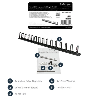 StarTech.com Vertical Cable Organizer with D-Ring Hooks - 20U - 2.8ft.