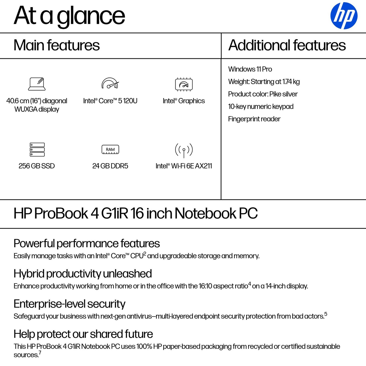 HP ProBook 4 G1iR Intel Core 5 120U Laptop 40.6 cm (16") WUXGA 24 GB DDR5-SDRAM 256 GB SSD Wi-Fi 6E (802.11ax) Windows 11 Pro Silver