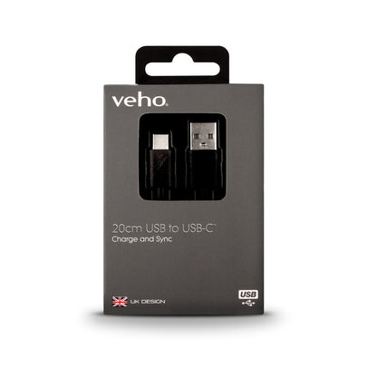 Veho Pebble USB-A to USB-C Universal Charge and Sync 0.2m/0.7ft Cable – Black (VCL-002-C-20CM)