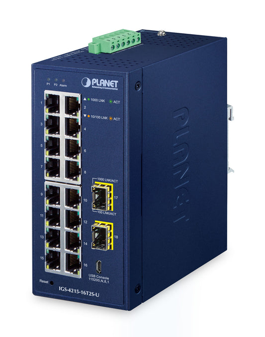 PLANET IP30 Industrial L2/L4 16-Port network switch, Managed, blue