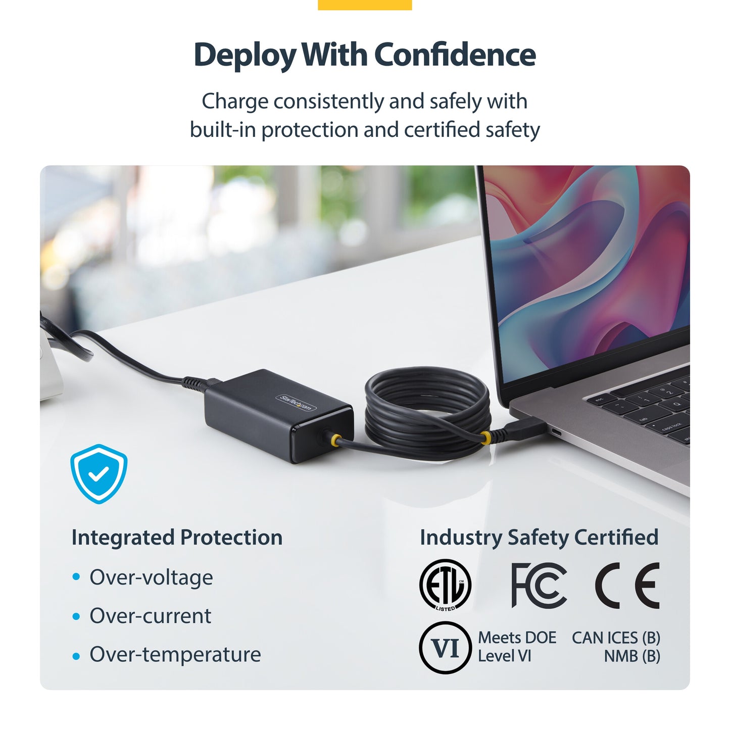 StarTech.com 65W USB-C Laptop Charger, 1.5m Tethered USB-C Cable, Power Adapter Brick for Dell, XPS, HP ProBook, MacBook Pro, Microsoft Surface Pro