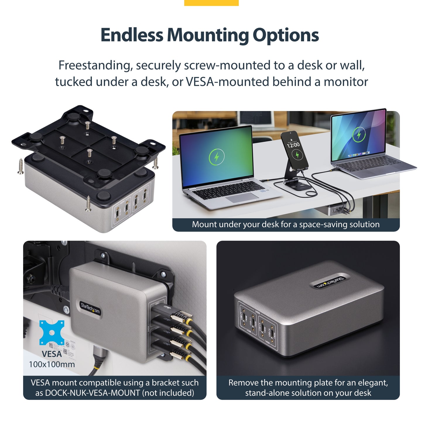 StarTech.com 4-Port Multi-Device USB-C Charger, 240W Total, Single Port 140W EPR, PD 3.1, Screw Locking Ports, Boardrooms, Bracket incl. for Surface Mounting