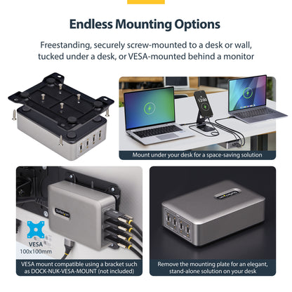 StarTech.com 4-Port Multi-Device USB-C Charger, 240W Total, Single Port 140W EPR, PD 3.1, Screw Locking Ports, Boardrooms, Bracket incl. for Surface Mounting