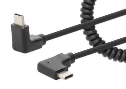 Manhattan USB-C to USB-C Charging Cable, 1m, Coiled Tangle-Resistant Design, Angled Connectors, Up to 60W Power Delivery, Ideal for Charging Cabinets/Carts, Charge Only - No Data Sync, Black, Lifetime Warranty