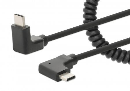 Manhattan USB-C to USB-C Charging Cable, 1m, Coiled Tangle-Resistant Design, Angled Connectors, Up to 60W Power Delivery, Ideal for Charging Cabinets/Carts, Charge Only - No Data Sync, Black, Lifetime Warranty