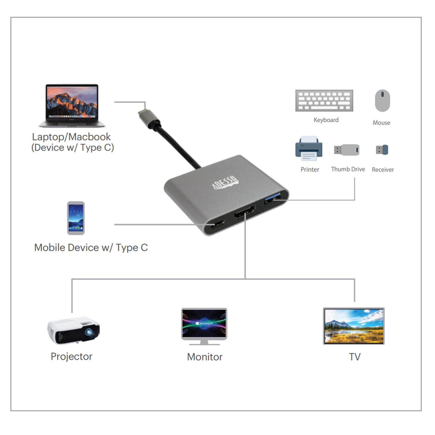 Adesso AUH-4010 laptop dock/port replicator USB 3.2 Gen 1 (3.1 Gen 1) Type-C Grey