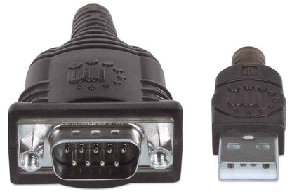 Manhattan USB-A to RS232 Serial Adapter, 1.8m, DB9 Male, Prolific PL-2303RA Chip, Black/Silver, Three Year Warranty