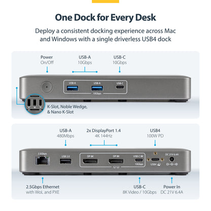StarTech.com USB4 Docking Station, Driverless Dual 4K 144Hz for Mac and Windows, Universal USB-C Dock with DisplayPort, 100W PD and 2.5GbE