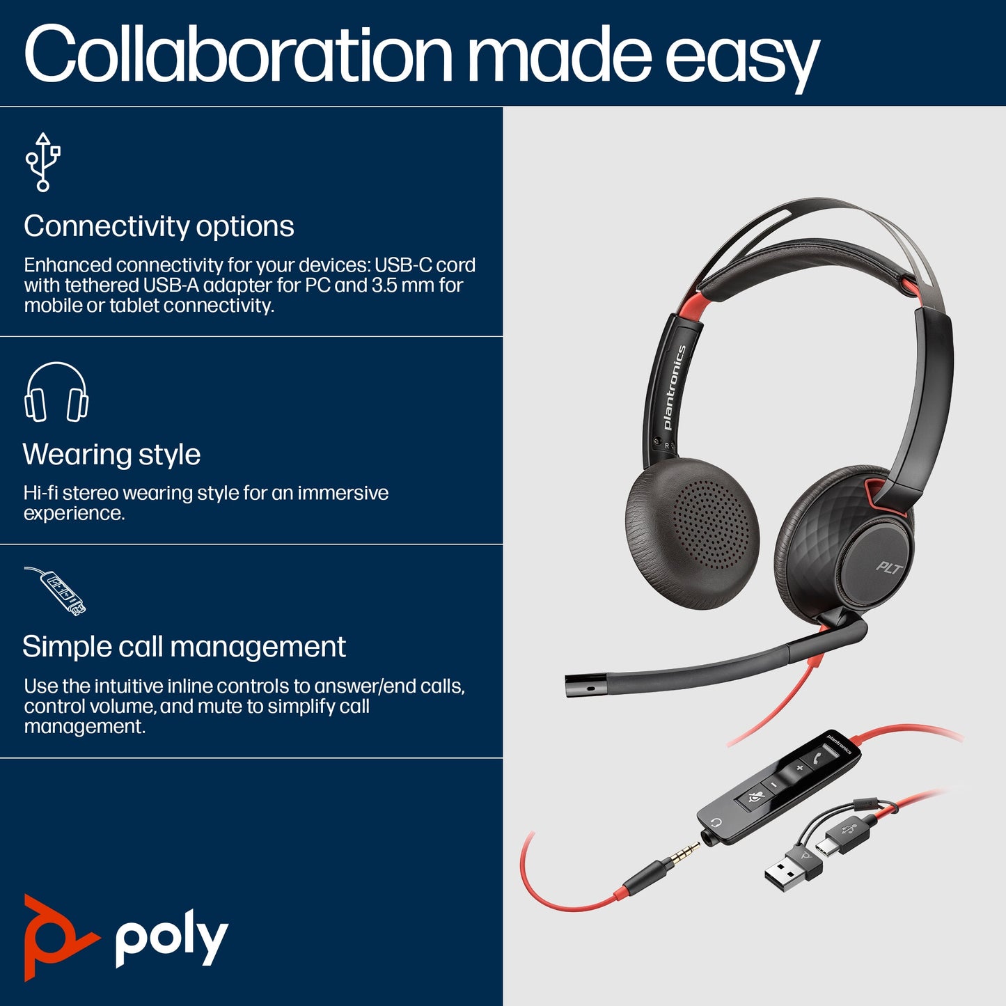Poly Blackwire 5220 Stereo USB-C Headset +3.5mm Plug +USB-C/A Adapter (Bulk)