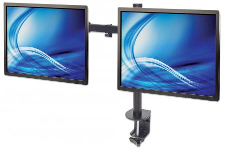 Manhattan Dual Desk Mount for TV & Monitors (Full Motion), For screens 10" to 27", Clamp Assembly, VESA compatibility: 75x75 and 100x100mm - check the dimensions of the four mounting holes on back of screen to ensure it fits, Max 8kg (each), Black, Bracke