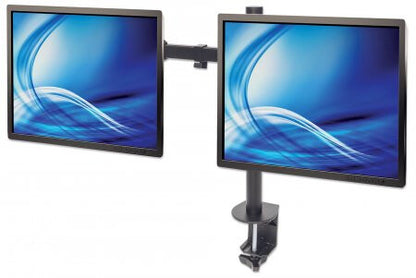 Manhattan Dual Desk Mount for TV & Monitors (Full Motion), For screens 10" to 27", Clamp Assembly, VESA compatibility: 75x75 and 100x100mm - check the dimensions of the four mounting holes on back of screen to ensure it fits, Max 8kg (each), Black, Bracke