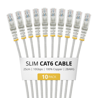 StarTech.com 25cm Gray Slim CAT6 Cable, 10 Pack, Snagless, 100W PoE, UTP, LSZH, 28AWG Pure Bare Copper Wire, Slim RJ45 Network Patch Cord w/Strain Reliefs, Individually Tested