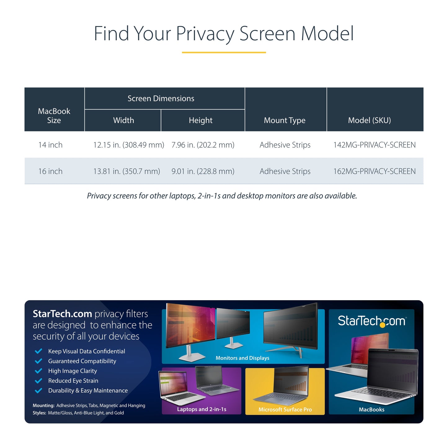 StarTech.com 14-inch MacBook Pro M1 M2 M3 M4 Laptop Privacy Screen, Blue Light Screen Protector, Double-Sided Anti-Glare Matte or Glossy Gold, Laptop Privacy Filter