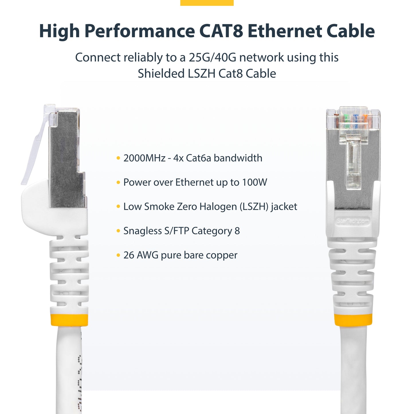 StarTech.com 2m White CAT8 Ethernet Cable, Snagless RJ45, 25G/40G, 2000MHz, 100W PoE++, S/FTP, 26AWG Pure Bare Copper Wire, LSZH, Shielded Network Patch Cord w/Strain Reliefs, Individually Tested