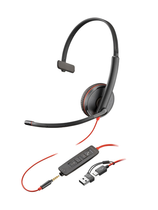 HP Poly Blackwire 3215 Monaural USB-C Headset with 3.5mm Plug and USB-C/A Adapter, wired, over-head, boom microphone