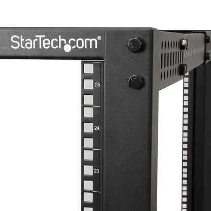StarTech.com 4-Post 25U Mobile Open Frame Server Rack, Four Post 19in Network Rack with Wheels, Rolling Rack with Adjustable Depth for Computer/AV/Data/IT Equipment - Casters, Leveling Feet or Floor Mounting