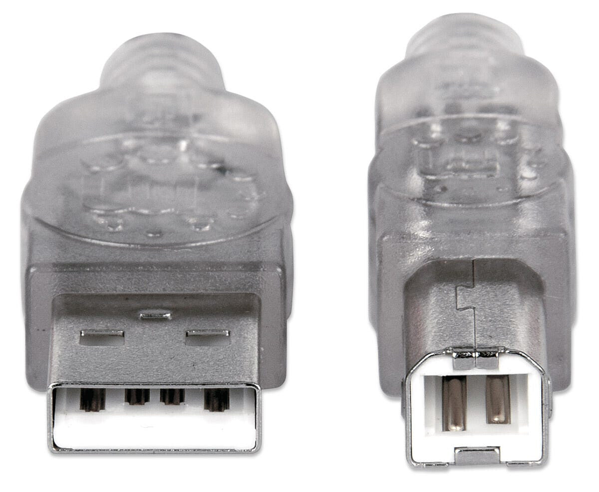 Manhattan USB-A to USB-B Cable, 3m, USB 2.0, 480 Mbps, Hi-Speed USB, Translucent Silver, Lifetime Warranty, Equivalent to USB2HAB10T