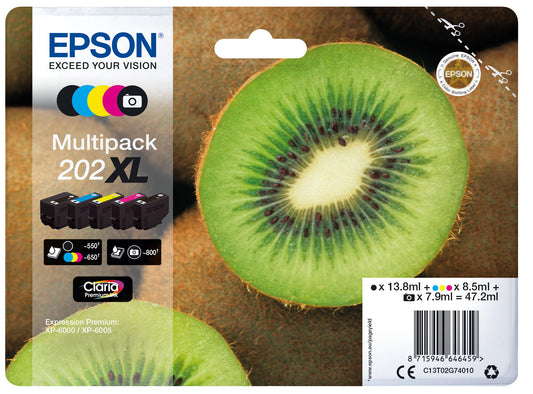 Epson Kiwi Multipack 5-colours 202XL Claria Premium ink cartridge, black, photo black, cyan, magenta and yellow
