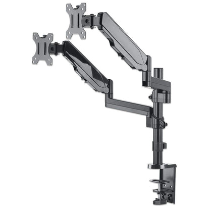 Manhattan TV & Monitor Mount, Desk, Full Motion (Gas Spring), 2 screens, Screen Sizes: 10-27", Black, Clamp or Grommet Assembly, Dual Screen, VESA 75x75 to 100x100mm, Max 8kg (each), Lifetime Warranty