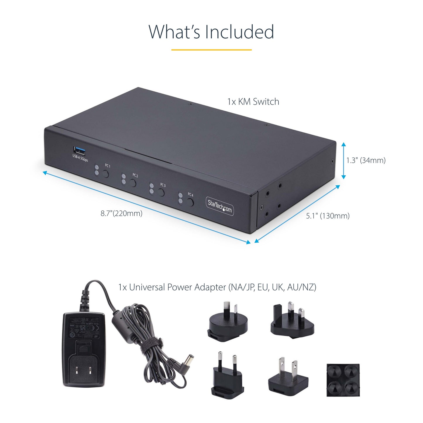 StarTech.com 4-Port KM Switch with Mouse Switching, USB Switch for Keyboard/Mouse, 3.5mm/USB Audio, Peripheral Sharing for 4 Computers, TAA Compliant