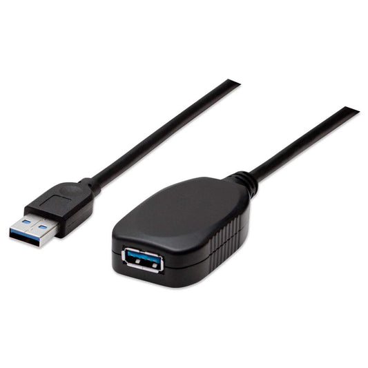 Manhattan USB-A Active Extension Cable, 5m, Male to Female, USB 3.0 (aka USB 3.2 Gen 1), 5 Gbps, SuperSpeed USB, Built-In Repeater, Black, Three Year Warranty, Equivalent to USB3AAEXT5M