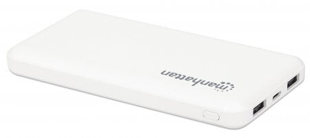 Manhattan Power Bank, 10000 mAh, Output: 2x USB-A (2.1A & 1A), Input: USB-C & Micro-USB (both 2A), White, One Year Warranty, Blister