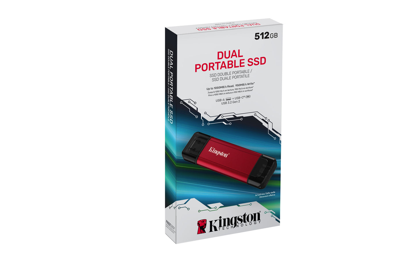 Kingston Technology 512GB Dual USB-A/C Portable SSD, Up to 1050MB/s USB 3.2 Gen 2