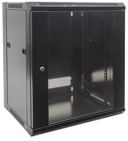 Intellinet 19" Network Cabinet - Wall Mount (Standard), 9U, 600mm Deep, Black, Flatpack, Max 60kg, Suitable also for use on desk or floor, Usable Depth 410mm, Metal & Glass Door, Back Panel, Removeable Sides, Parts for wall install (eg screws/rawl plugs)
