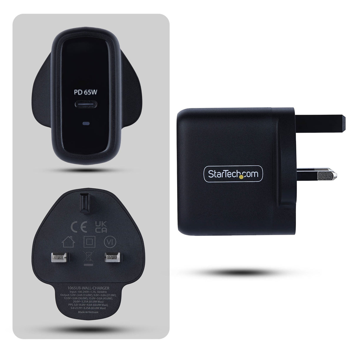 StarTech.com 65W USB-C Laptop Charger, GaN Charger with Power Adapter Brick for Dell, XPS, HP ProBook, MacBook Pro, Microsoft Surface Pro, Black