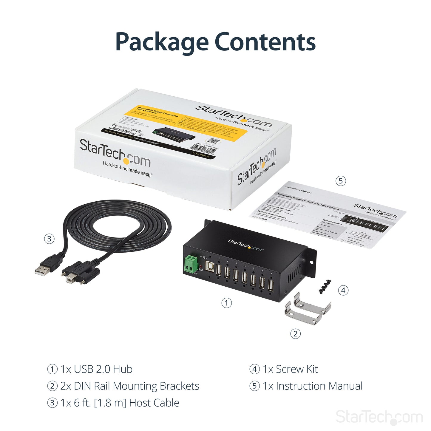 StarTech.com 7-Port USB 2.0 Hub - Metal Industrial USB-A Hub with ESD Protection & 350W Surge Protection - Din Rail, Wall or Desk Mountable - TAA Compliant USB Expander Hub