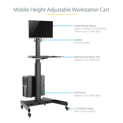 StarTech.com Mobile Workstation Cart with Monitor Mount, CPU/PC Holder, Keyboard Tray - Ergonomic Height Adjustable Desktop Computer Cart - Rolling Mobile Standing Workstation on Wheels